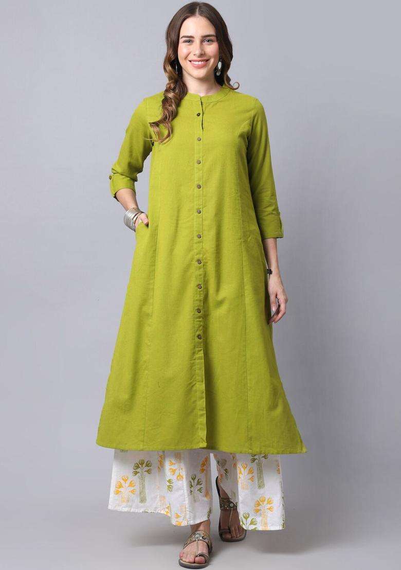 Green Solid Cotton Kurta Set - Indya