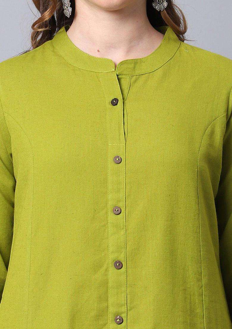 Green Solid Cotton Kurta Set - Indya