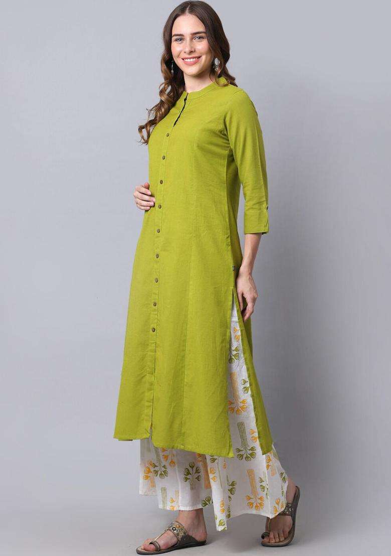 Green Solid Cotton Kurta Set - Indya
