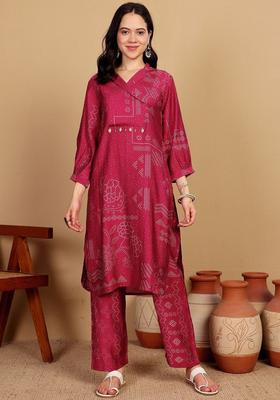 Pink Printed Silk Blend Kurta Set