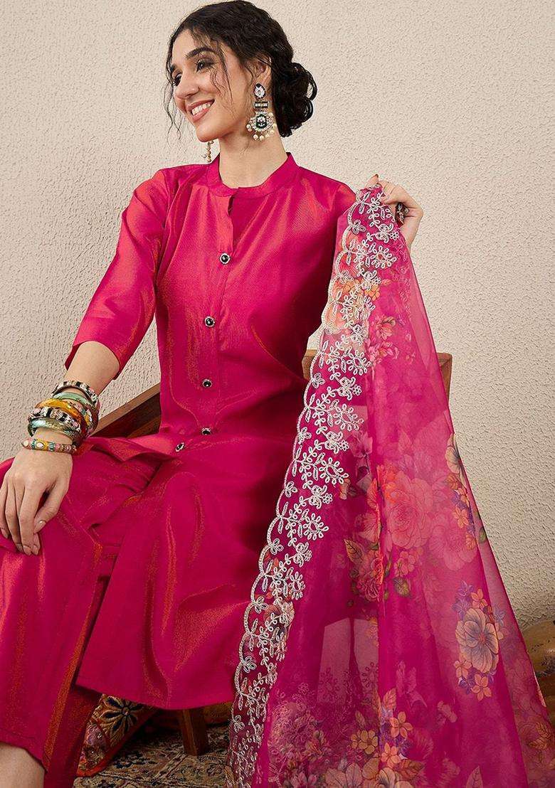 Pink Solid Silk Blend Kurta Set - Indya