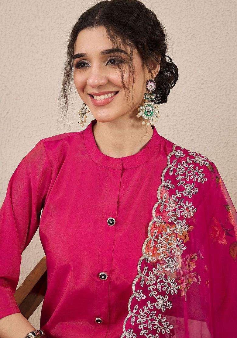 Pink Solid Silk Blend Kurta Set - Indya