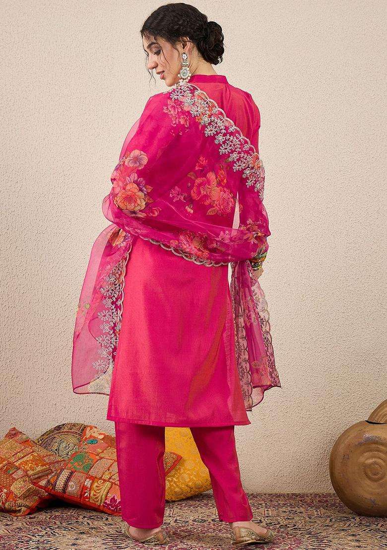 Pink Solid Silk Blend Kurta Set - Indya