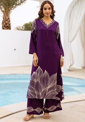 Purple Printed Viscose Kurta Set