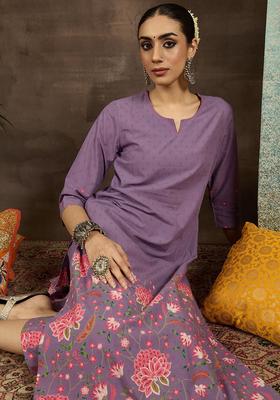 Lavender Printed Cotton Kurta Set