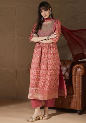 Peach Printed Cotton Kurta Set