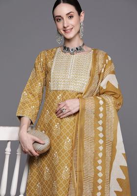 Mustard Embroidered Cotton Kurta Set