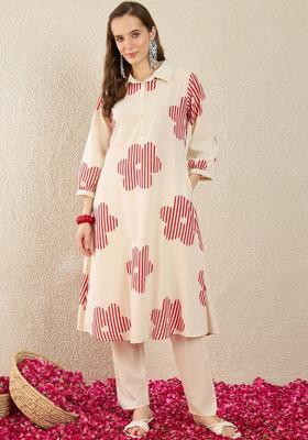 Cream Printed Cotton Kurta Set