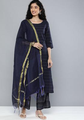 Navy Blue Striped Cotton Kurta Set