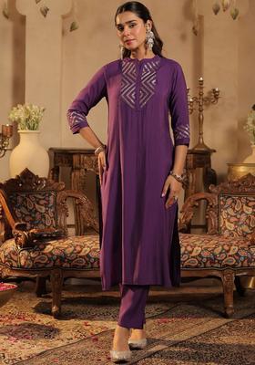 Purple Yoke Design Silk Blend Kurta Set