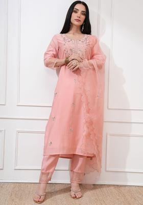 Peach Embroidered Polyester Kurta Set
