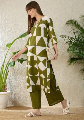 Olive Printed Cotton Kurta Set