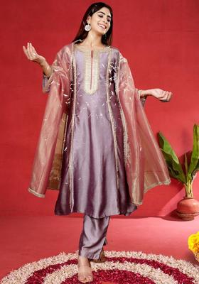 Lavender Solid Silk Kurta Set