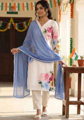 Off White Printed Linen Kurta Set