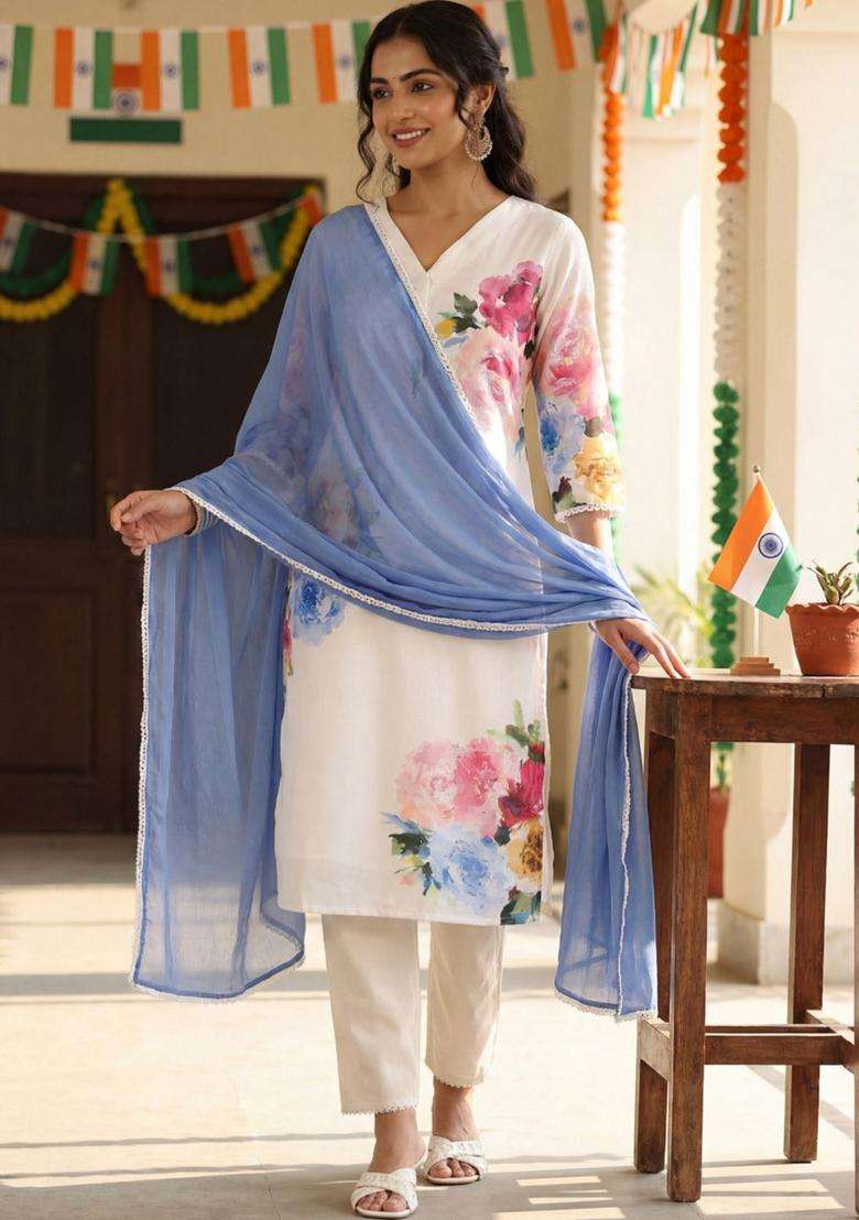 Off White Printed Linen Kurta Set - Indya