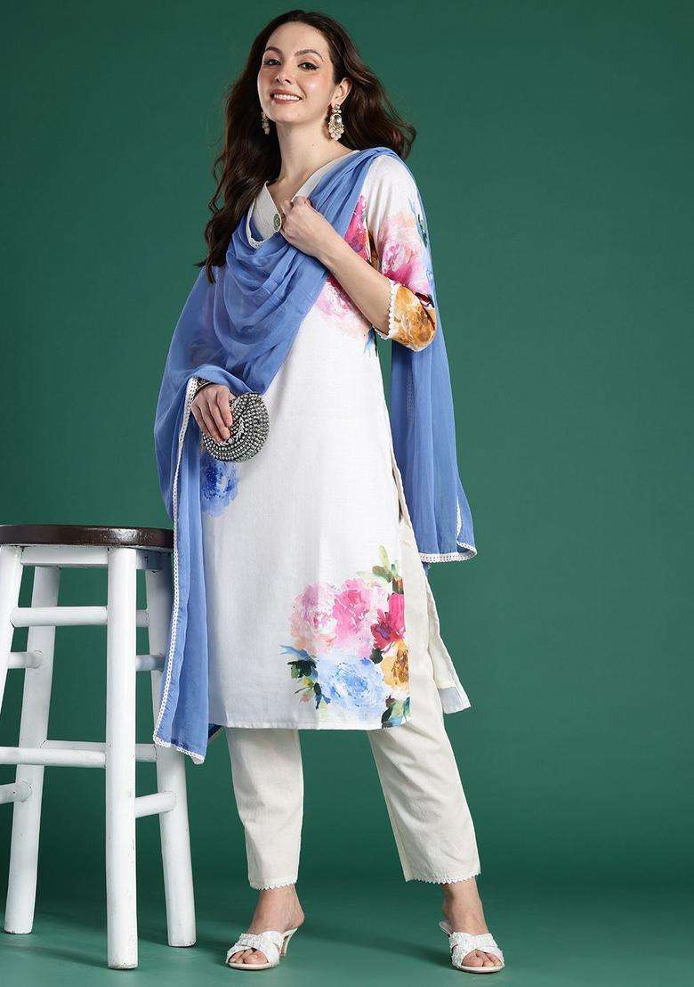 Off White Printed Linen Kurta Set - Indya