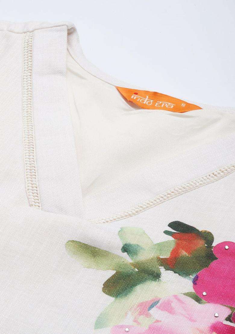 Off White Printed Linen Kurta Set - Indya