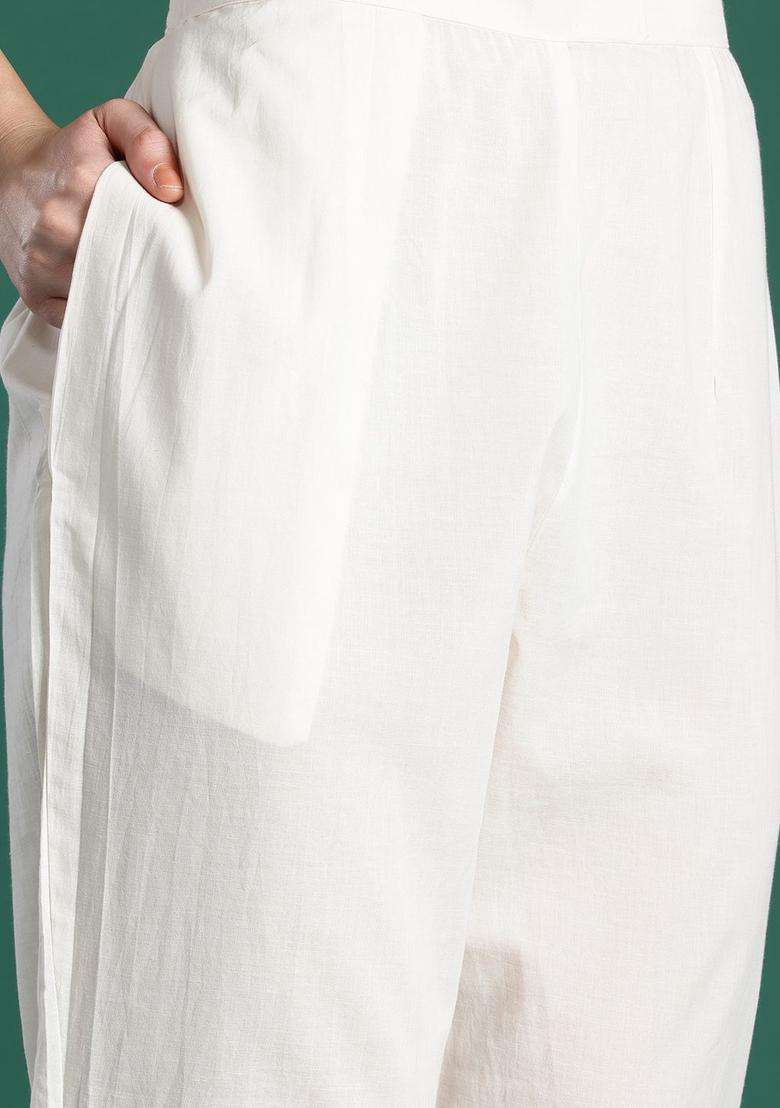 Off White Printed Linen Kurta Set - Indya