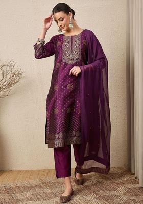 Purple Printed Silk Kurta Set