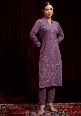 Purple Printed Polyester Kurta Set