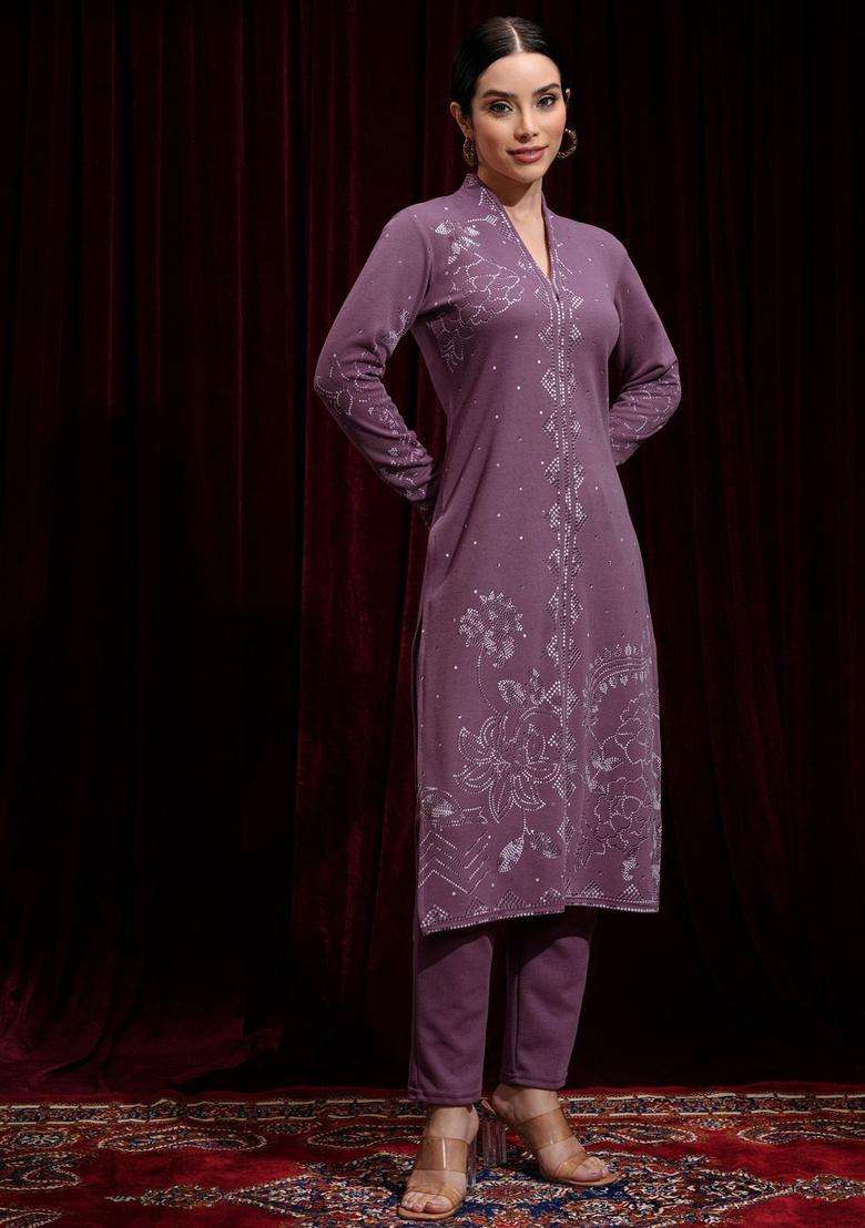 Purple Printed Polyester Kurta Set - Indya