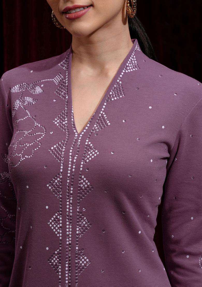 Purple Printed Polyester Kurta Set - Indya