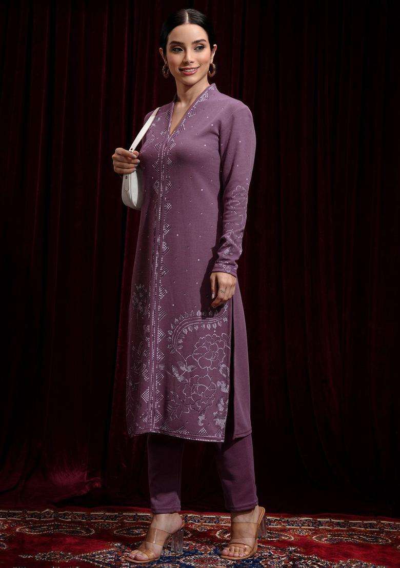 Purple Printed Polyester Kurta Set - Indya