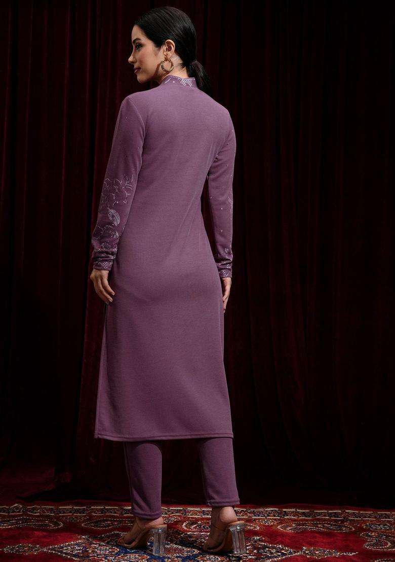 Purple Printed Polyester Kurta Set - Indya