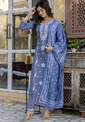 Blue Embroidered Viscose Kurta Set