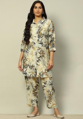 Off White Printed Viscose Kurta Set
