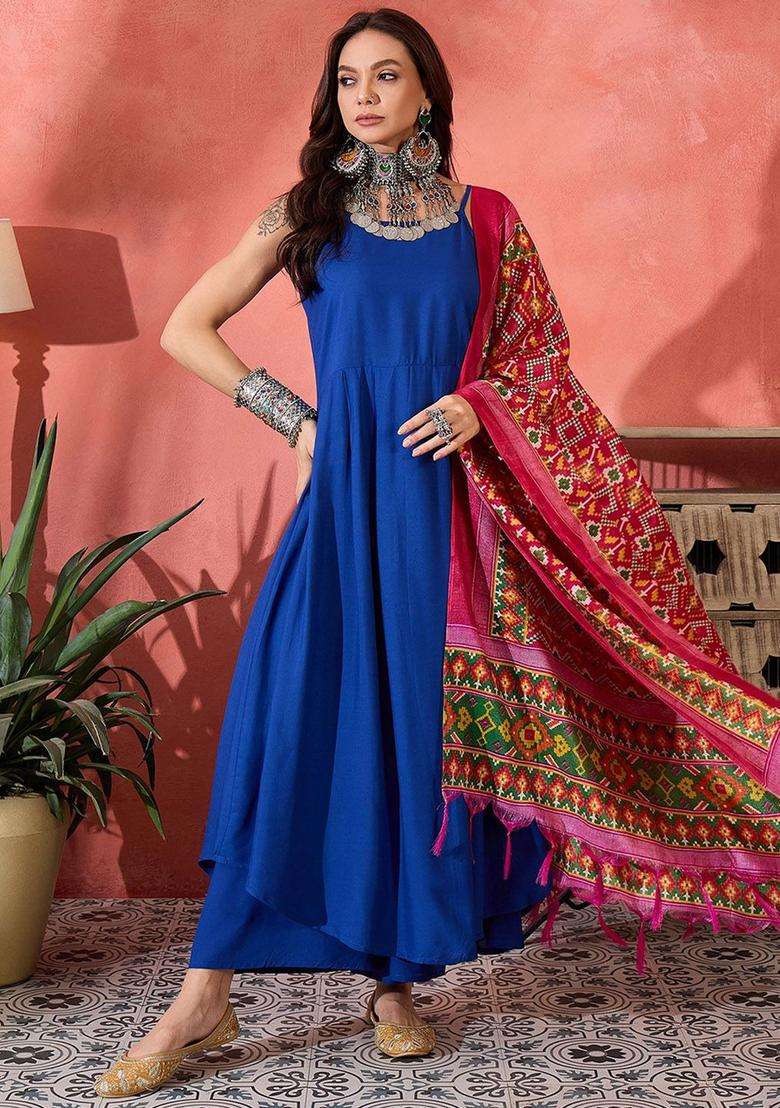 Blue Solid Viscose Anarkali Set - Indya