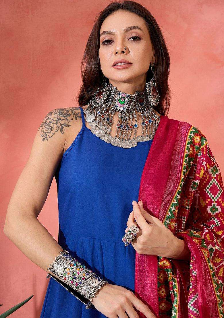 Blue Solid Viscose Anarkali Set - Indya