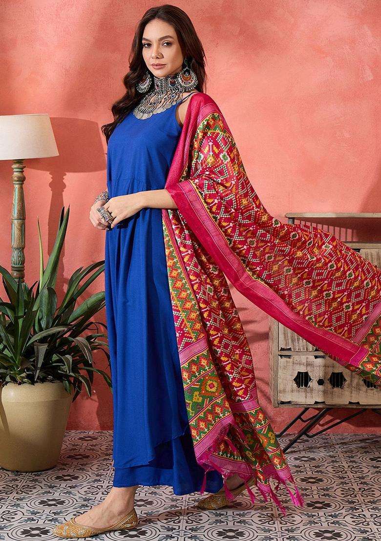 Blue Solid Viscose Anarkali Set - Indya