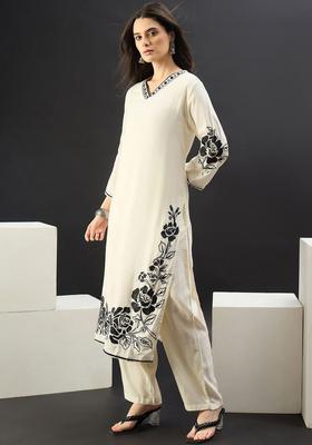 Off White Embroidered Viscose Kurta Set