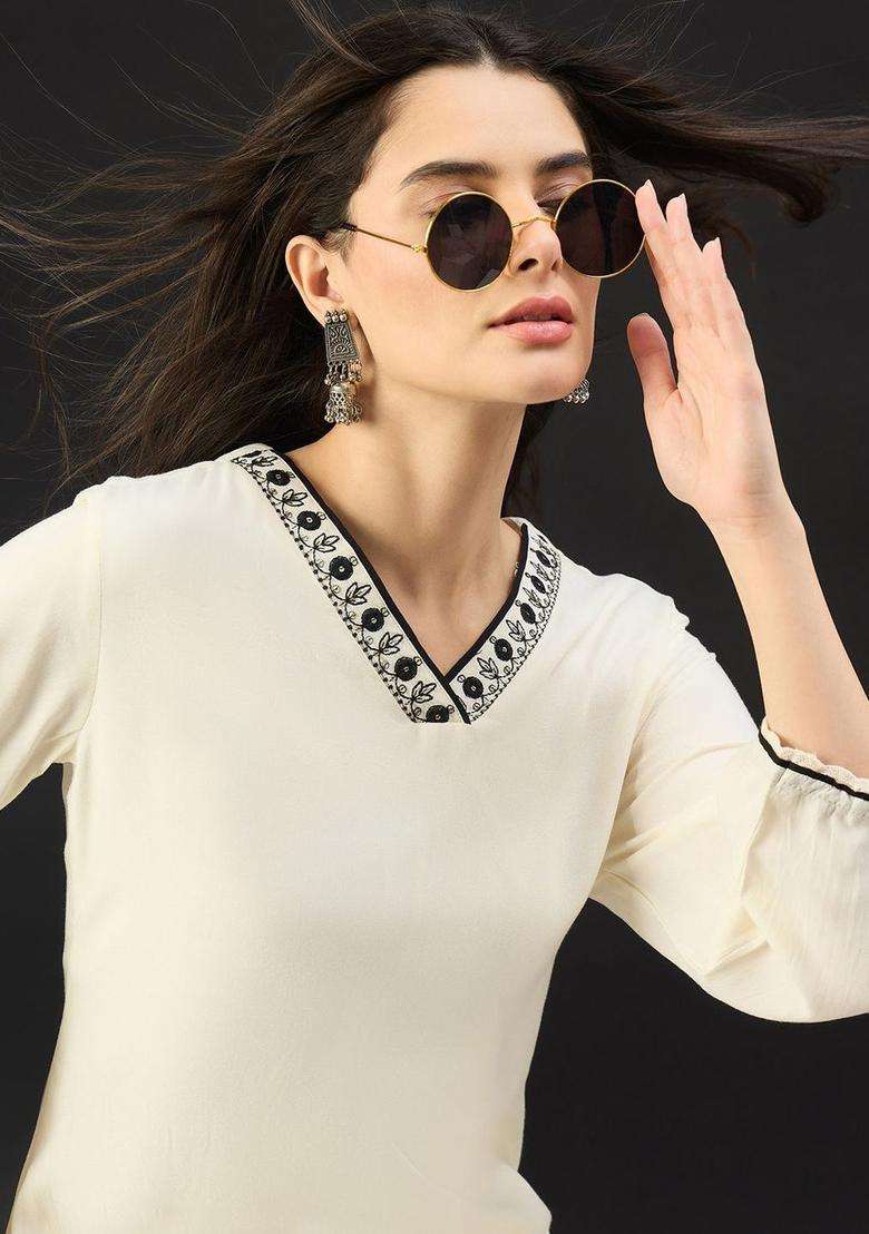 Off White Embroidered Viscose Kurta Set - Indya