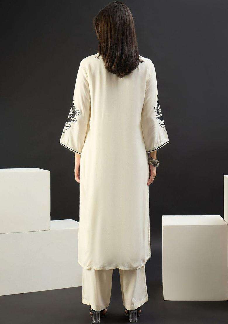 Off White Embroidered Viscose Kurta Set - Indya