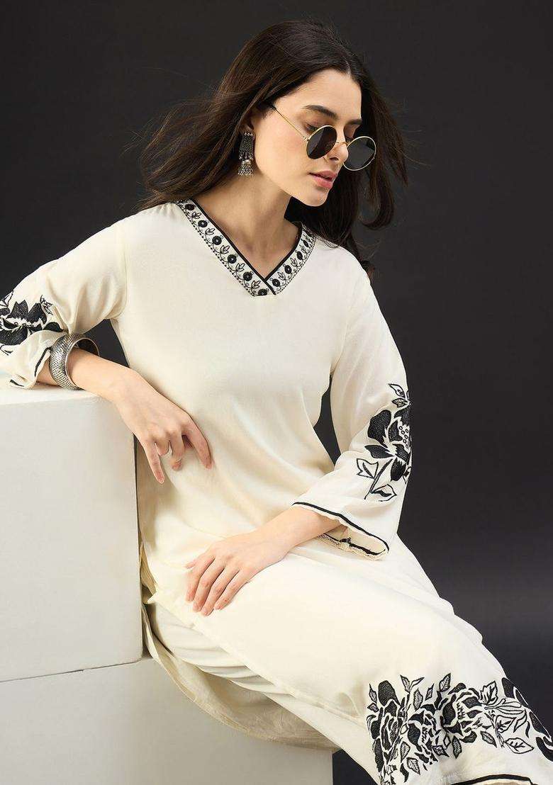 Off White Embroidered Viscose Kurta Set - Indya