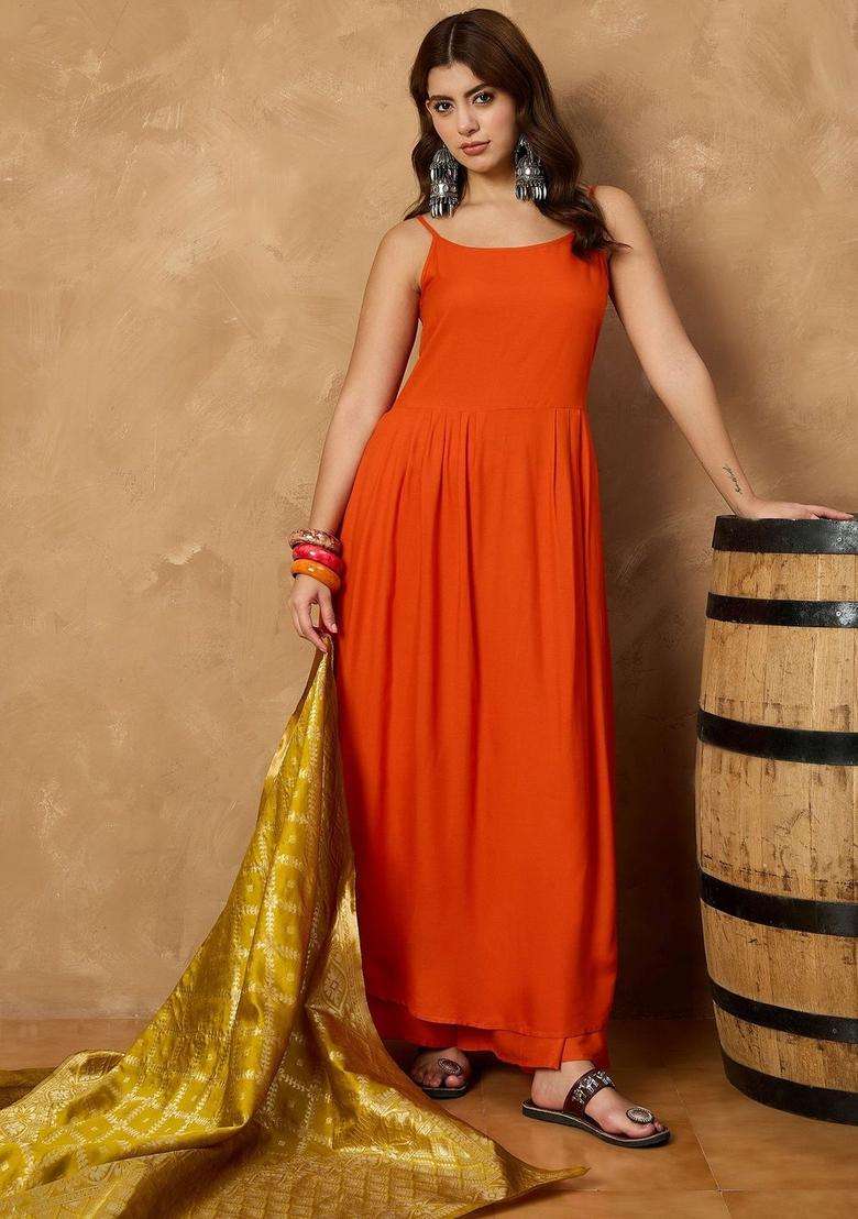 Orange Solid Viscose Anarkali Set - Indya