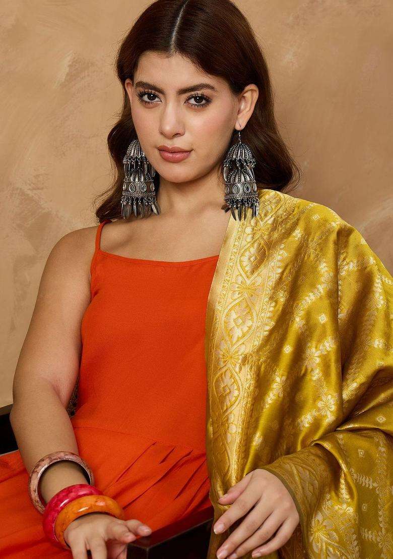 Orange Solid Viscose Anarkali Set - Indya