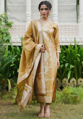 Mustard Woven Design Silk Blend Kurta Set