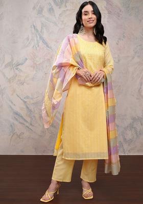 Yellow Printed Polyester Kurta Set