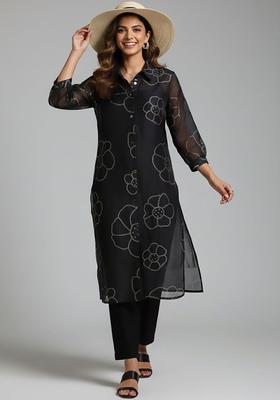 Black Printed Silk Blend Kurta Set