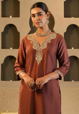 Brown Yoke Design Silk Blend Kurta Set