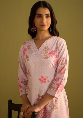 Peach Printed Cotton Kurta Set