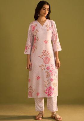Peach Printed Cotton Kurta Set