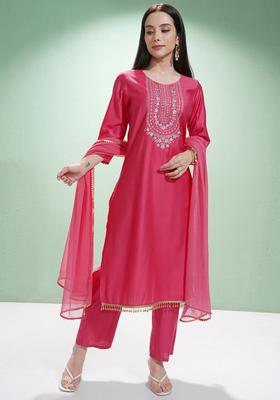 Magenta Embroidered Cotton Kurta Set