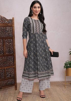 Grey Printed Cotton Kurta Set