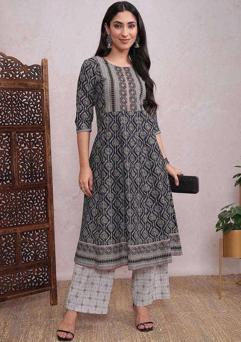 Grey Printed Cotton Kurta Set - Indya