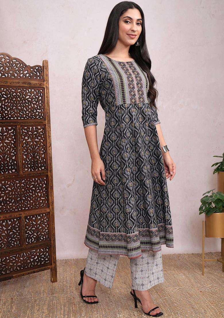 Grey Printed Cotton Kurta Set - Indya