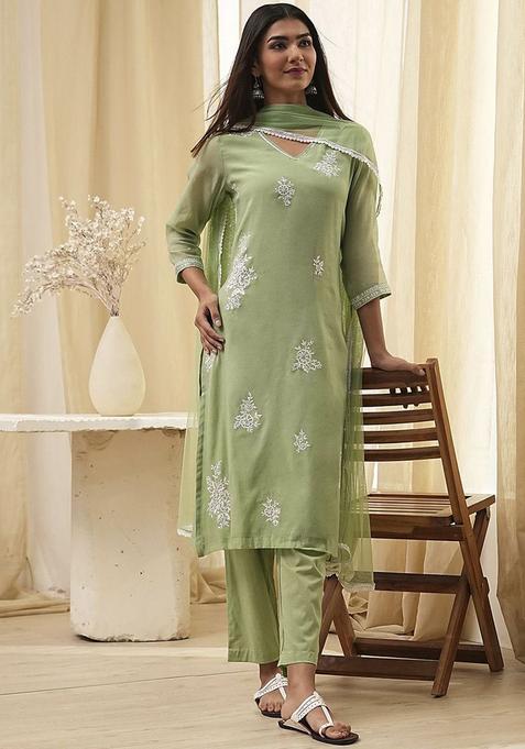 Green Embroidered Polyester Kurta Set — view on Indya